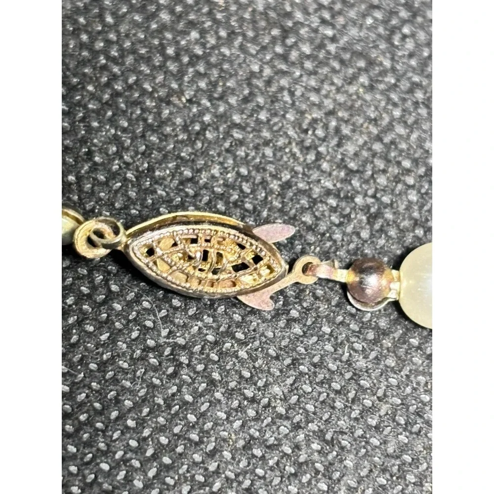 Vintage Filigree Clasp Hand Knotted Cream Faux Pearl Strand Necklace Gold Tone